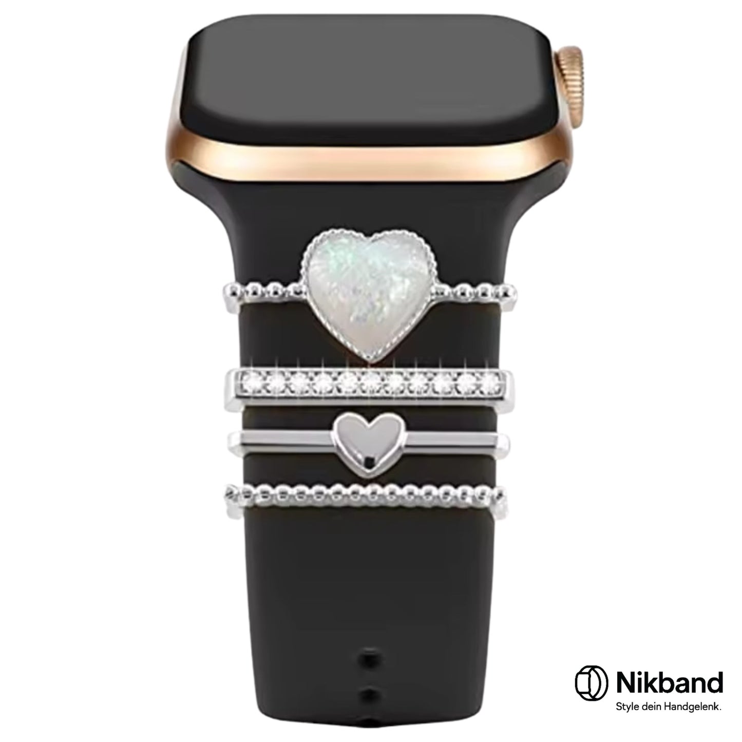 Nikband Charm-Dekoration für Apple Watch – „Sparkling Heart“ in Silber