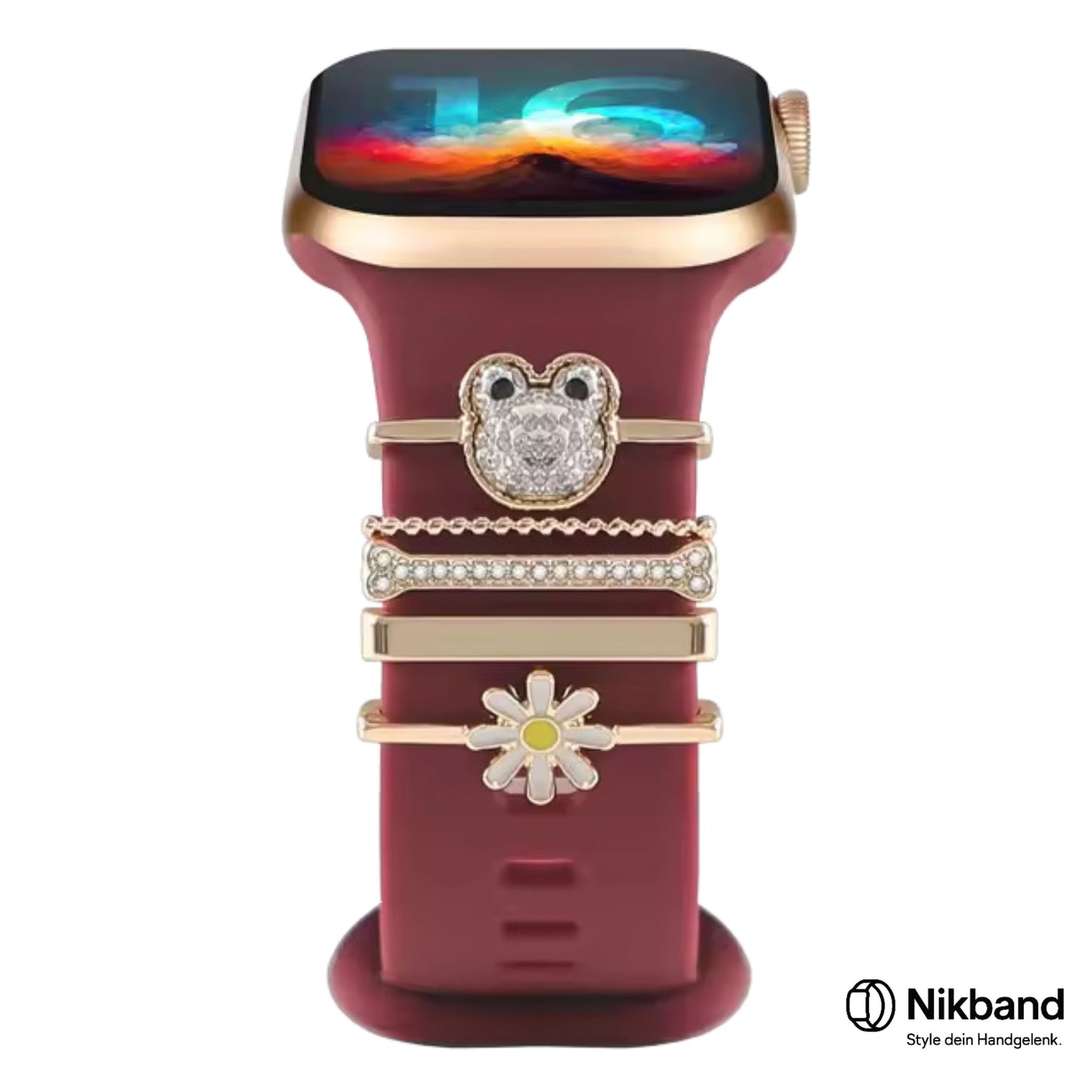 Nikband Charm-Dekoration für Apple Watch – „White Flower“ in Gold